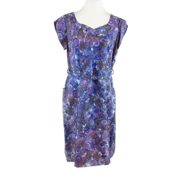 Blue purple floral print vintage dress L - Picture 1 of 8